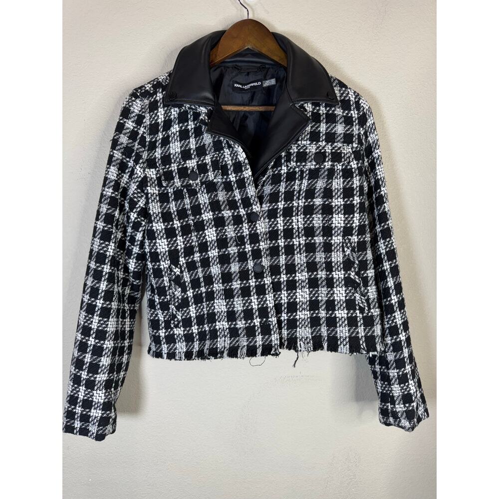 Karl Lagerfeld Paris Black White Tweed‎ Moto Jacket Faux Leather Collar